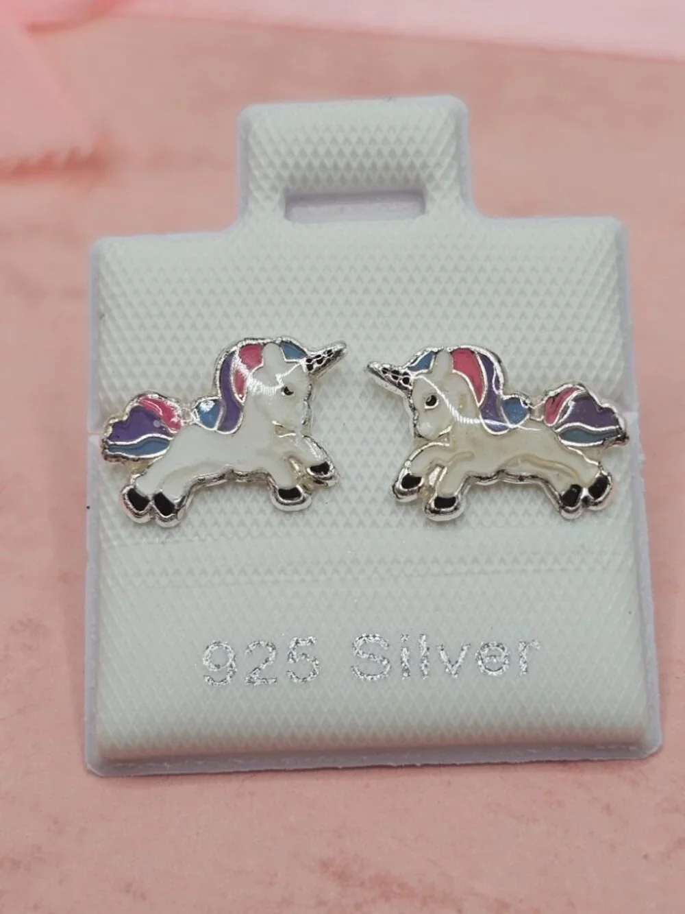 Sterling Silver 925 High Polished Enamel Jumping Unicorn Screw Stud Earrings